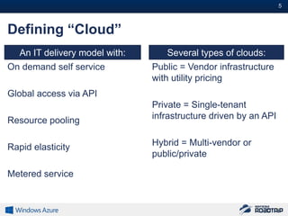 5#



Defining “Cloud”
   An IT delivery model with:      Several types of clouds:
On demand self service          Public = Vendor infrastructure
                                with utility pricing
Global access via API
                                Private = Single-tenant
Resource pooling                infrastructure driven by an API


Rapid elasticity                Hybrid = Multi-vendor or
                                public/private

Metered service
 