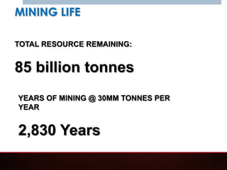 MINING LIFE

TOTAL RESOURCE REMAINING:


85 billion tonnes
YEARS OF MINING @ 30MM TONNES PER
YEAR


2,830 Years
 