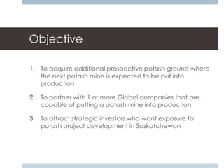 Objective

1. To acquire additional prospective potash ground where
   the next potash mine is expected to be put into
   production

2. To partner with 1 or more Global companies that are
   capable of putting a potash mine into production

3. To attract strategic investors who want exposure to
   potash project development in Saskatchewan
 