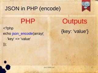 JSON in PHP (encode)

         PHP                             Outputs
<?php
echo json_encode(array(                  {key: 'value'}
    'key' => 'value'
));




                          2012 PHPConf                    17
 