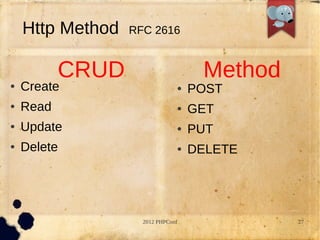 Http Method   RFC 2616


           CRUD                     Method
   Create                        POST
   Read                          GET
   Update                        PUT
   Delete                        DELETE




                    2012 PHPConf             27
 