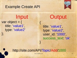Example Create API

           Input                         Output
var object = {               {
   title: 'value1',                  title: 'value1',
   type: 'value2'                    type: 'value2',
};                                   user_id: '1000',
                                     success_text: 'ok'
                             }

        http://site.com/API/Topic/Add/1000
                      2012 PHPConf                        37
 
