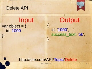 Delete API

         Input                          Output
var object = {              {
   id: 1000                         id: '1000',
};                                  success_text: 'ok',
                            }



         http://site.com/API/Topic/Delete
                     2012 PHPConf                         69
 