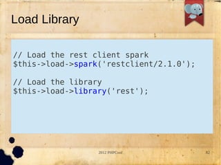 Load Library

// Load the rest client spark
$this->load->spark('restclient/2.1.0');

// Load the library
$this->load->library('rest');




                  2012 PHPConf            82
 