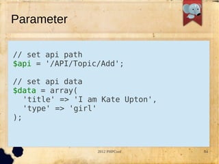 Parameter

// set api path
$api = '/API/Topic/Add';

// set api data
$data = array(
   'title' => 'I am Kate Upton',
   'type' => 'girl'
);



                  2012 PHPConf     84
 