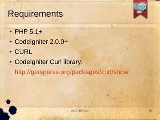Requirements
●   PHP 5.1+
●   CodeIgniter 2.0.0+
●   CURL
●   CodeIgniter Curl library:
    http://getsparks.org/packages/...