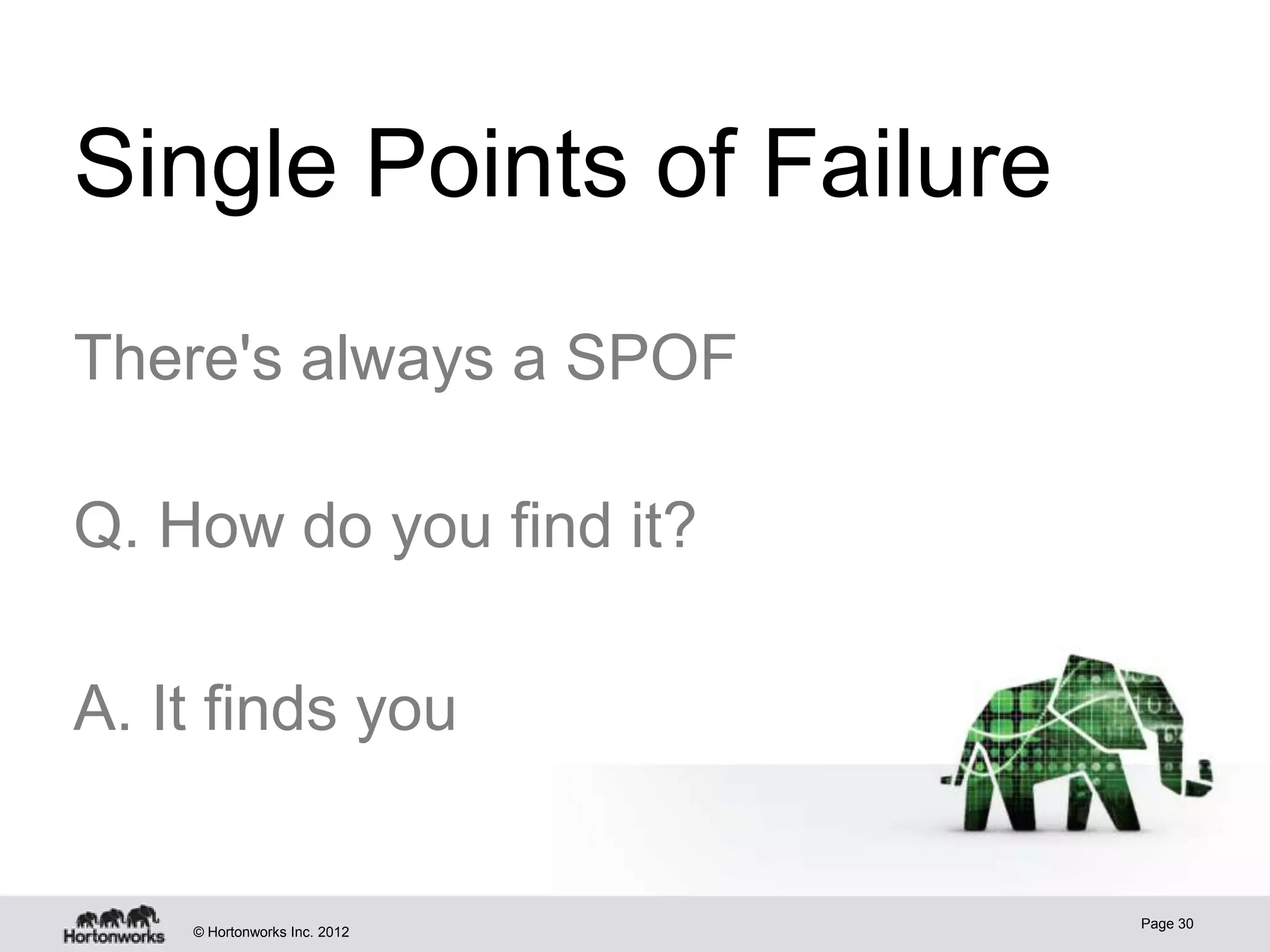 Single Points of Failure
There's always a SPOF

Q. How do you find it?

A. It finds you


                              Page 30
    © Hortonworks Inc. 2012
 