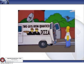 Applica'on*Security*Forum*3*2012*
                               Western'Switzerland'
           '

                                                             14
           708'novembre'2012'0'Y0Parc'/'Yverdon0les0Bains'
           h?ps://www.appsec0forum.ch'

Saturday, November 10, 12
 