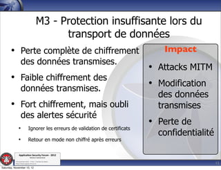 M3 - Protection insuffisante lors du
                                             transport de données
       • Perte complète de chiffrement                                             Impact
                  des données transmises.
                                                                                • Attacks MITM
       • Faible chiffrement des
                  données transmises.
                                                                                • Modification
                                                                                  des données
       • Fort chiffrement, mais oubli                                             transmises
                  des alertes sécurité
                                                                                • Perte de
              •              Ignorer les erreurs de validation de certificats
                                                                                  confidentialité
              •              Retour en mode non chiffré après erreurs

               Applica'on*Security*Forum*3*2012*
                               Western'Switzerland'
           '

                                                                                                    15
           708'novembre'2012'0'Y0Parc'/'Yverdon0les0Bains'
           h?ps://www.appsec0forum.ch'

Saturday, November 10, 12
 