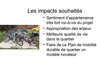 Les impacts souhaités
      
          Sentiment d’appartenance
          très fort vis-à-vis du projet
      
          Appropriation des enjeux
      
          Meilleure qualité de vie
          dans le quartier
      
          Faire de ce Plan de mobilité
          durable de quartier un
          modèle novateur
 