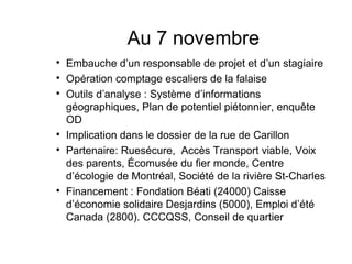 Au 7 novembre

    Embauche d’un responsable de projet et d’un stagiaire

    Opération comptage escaliers de la falaise

    Outils d’analyse : Système d’informations
    géographiques, Plan de potentiel piétonnier, enquête
    OD

    Implication dans le dossier de la rue de Carillon

    Partenaire: Ruesécure, Accès Transport viable, Voix
    des parents, Écomusée du fier monde, Centre
    d’écologie de Montréal, Société de la rivière St-Charles

    Financement : Fondation Béati (24000) Caisse
    d’économie solidaire Desjardins (5000), Emploi d’été
    Canada (2800). CCCQSS, Conseil de quartier
 