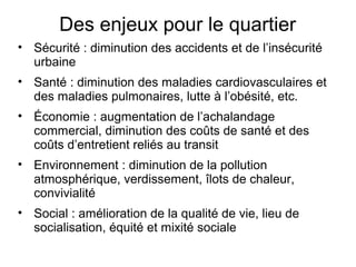 Des enjeux pour le quartier
• Sécurité : diminution des accidents et de l’insécurité
  urbaine
• Santé : diminution des maladies cardiovasculaires et
  des maladies pulmonaires, lutte à l’obésité, etc.
• Économie : augmentation de l’achalandage
  commercial, diminution des coûts de santé et des
  coûts d’entretient reliés au transit
• Environnement : diminution de la pollution
  atmosphérique, verdissement, îlots de chaleur,
  convivialité
• Social : amélioration de la qualité de vie, lieu de
  socialisation, équité et mixité sociale
 