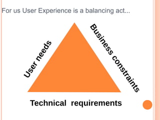 For us User Experience is a balancing act...




                             Bu
                               sin
             ds




                                 es
           ee




                                   sc
           n




                                     on
        er




                                       st
      Us




                                          ra
                                            in
                                               ts
         Technical requirements
 