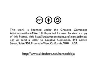 cba
This work is licensed under the Creative Commons
Attribution-ShareAlike 3.0 Unported License. To view a copy
of this license, visit http://creativecommons.org/licenses/by-sa/
3.0/ or send a letter to Creative Commons, 444 Castro
Street, Suite 900, Mountain View, California, 94041, USA.


          http://www.slideshare.net/hanspoldoja
 