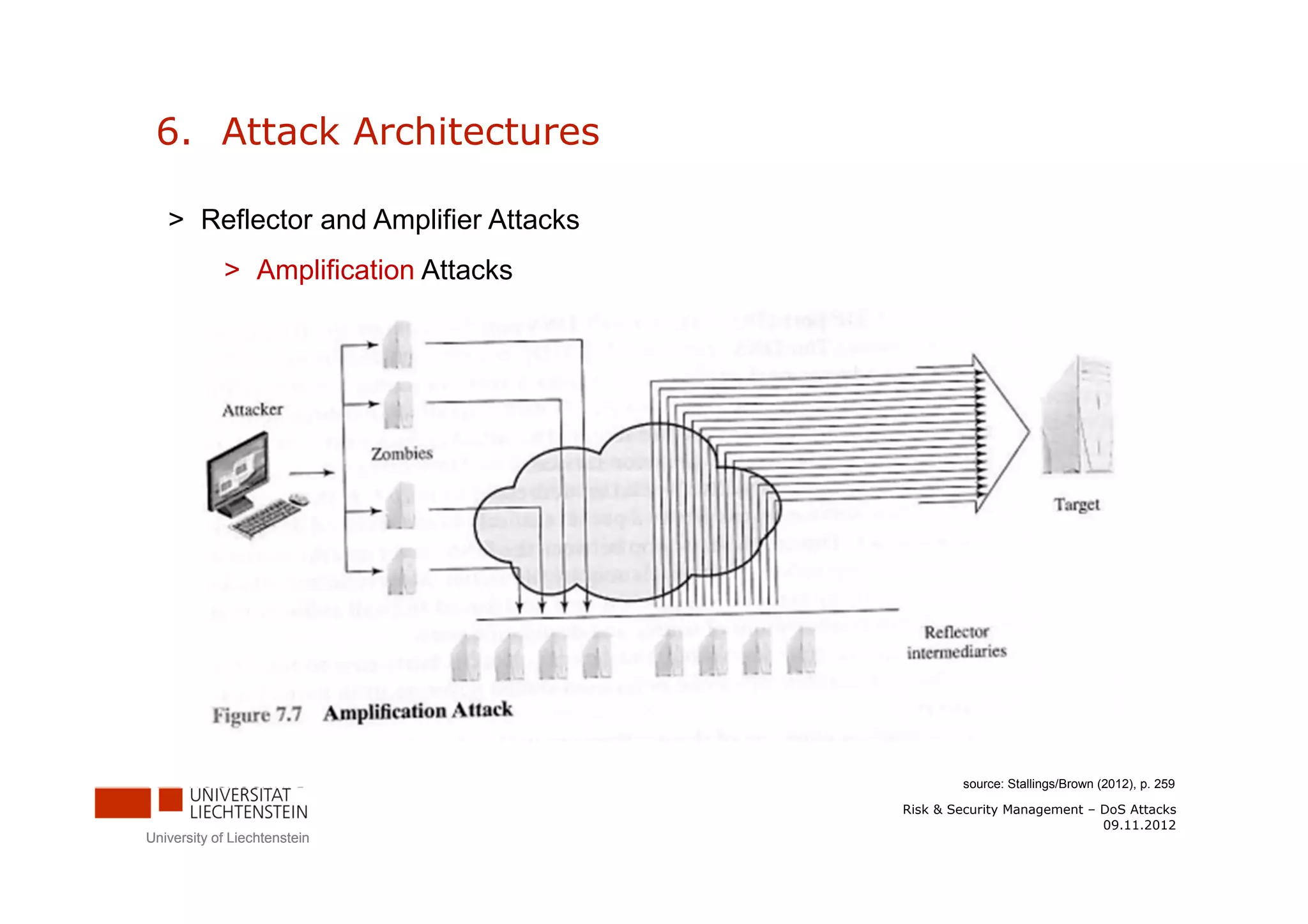 6. Attack Architectures

   > Reflector and Amplifier Attacks
            > Amplification Attacks




                                               source: Stallings/Brown (2012), p. 259

                                       Risk & Security Management – DoS Attacks
                                                                    09.11.2012
University of Liechtenstein
 