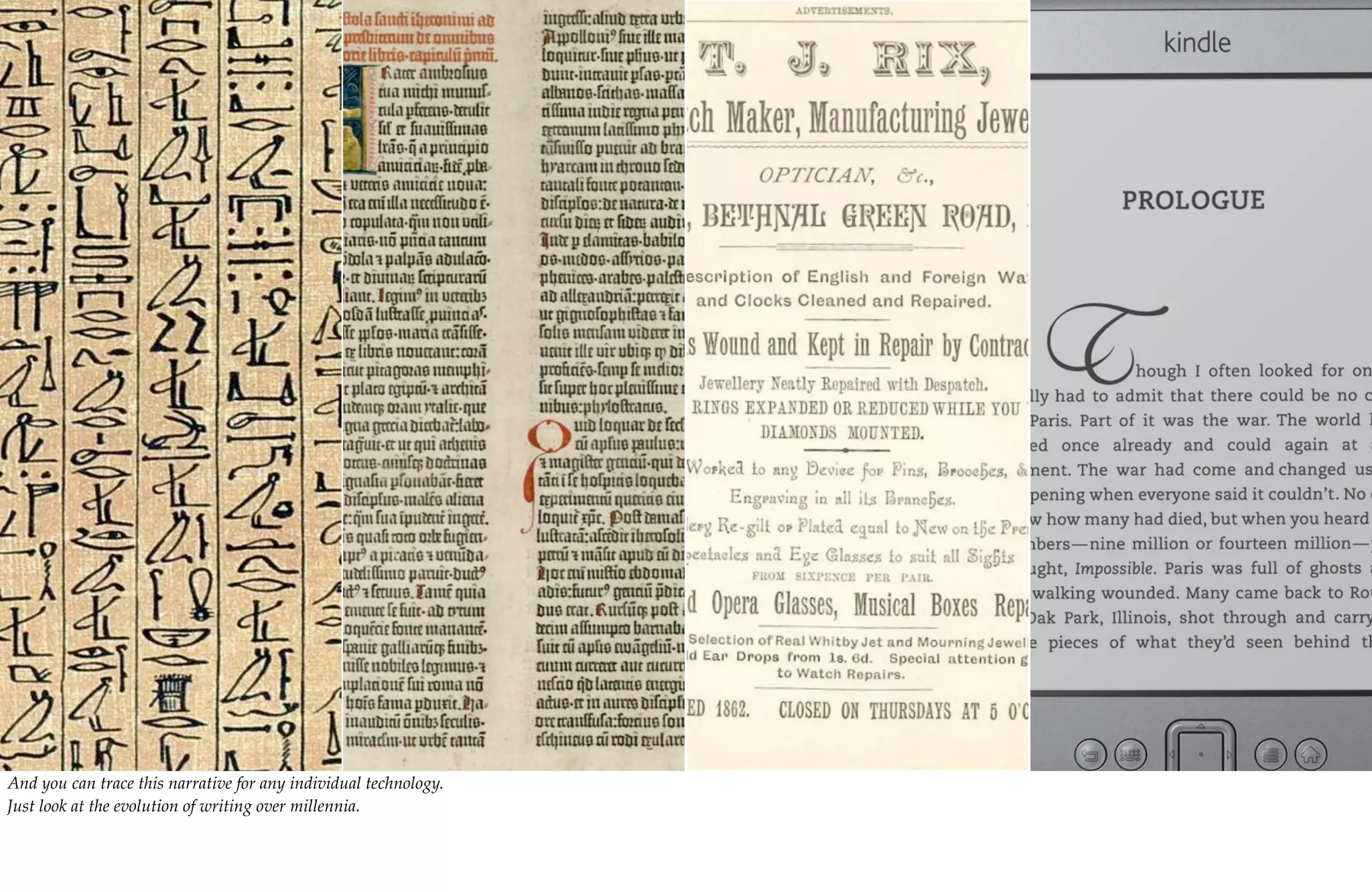 And you can trace this narrative for any individual technology.
Just look at the evolution of writing over millennia.
 