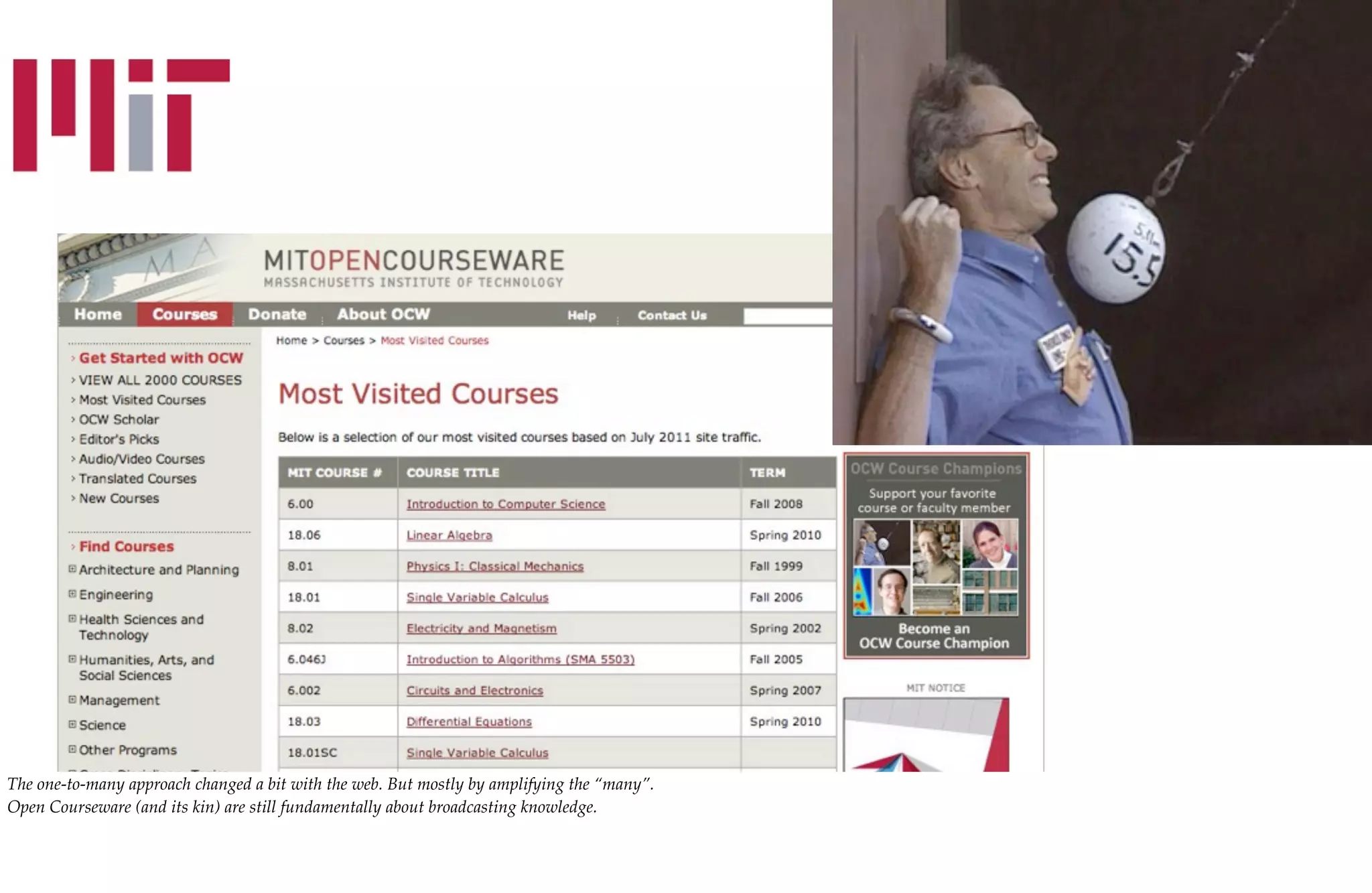 The one-to-many approach changed a bit with the web. But mostly by amplifying the “many”.
Open Courseware (and its kin) are still fundamentally about broadcasting knowledge.
 