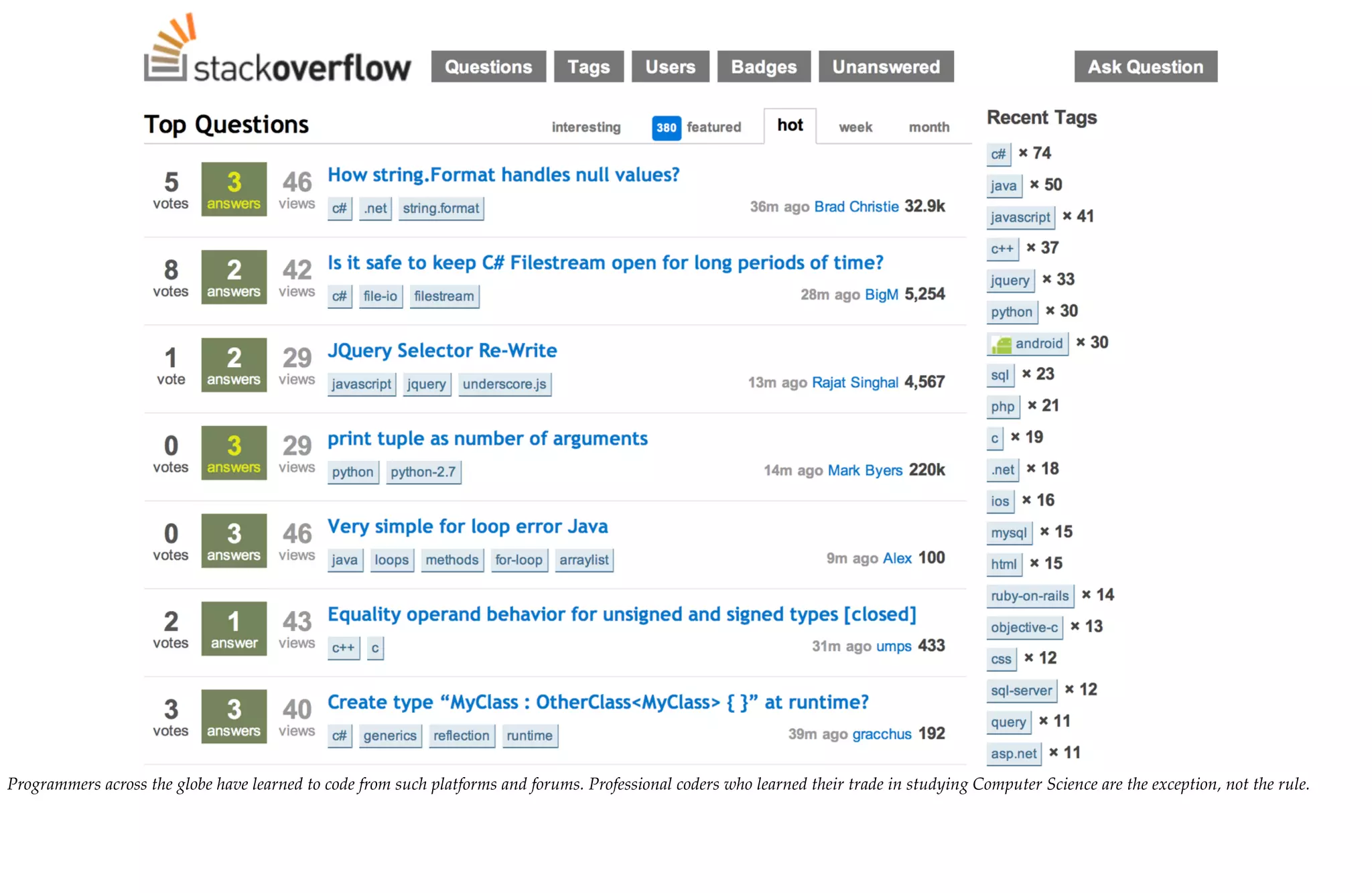 Programmers across the globe have learned to code from such platforms and forums. Professional coders who learned their trade in studying Computer Science are the exception, not the rule.
 