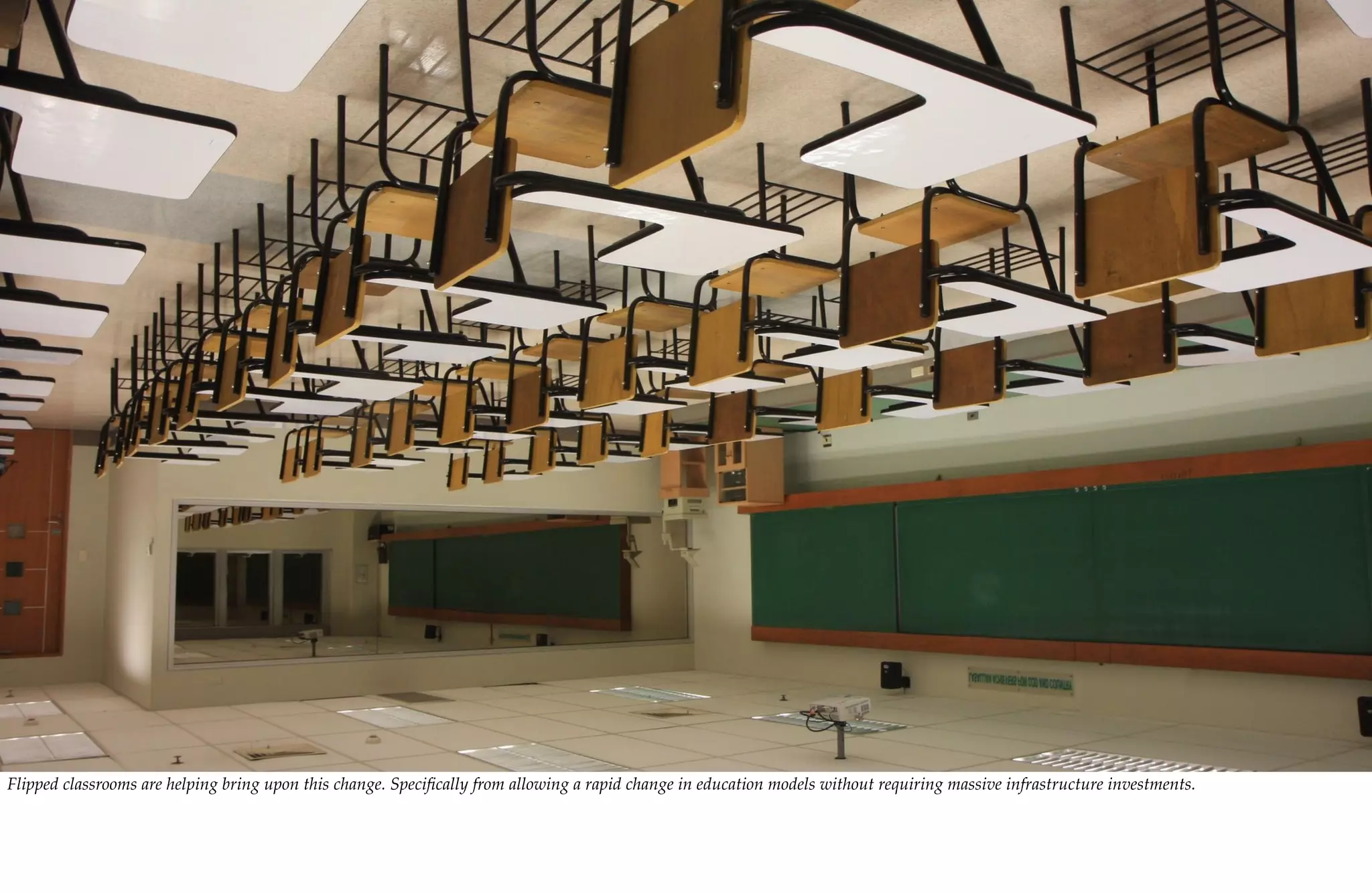 Flipped classrooms are helping bring upon this change. Speciﬁcally from allowing a rapid change in education models without requiring massive infrastructure investments.
 