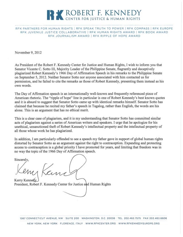 November 9, 2012 letter from Kerry Kennedy re Philippine 
