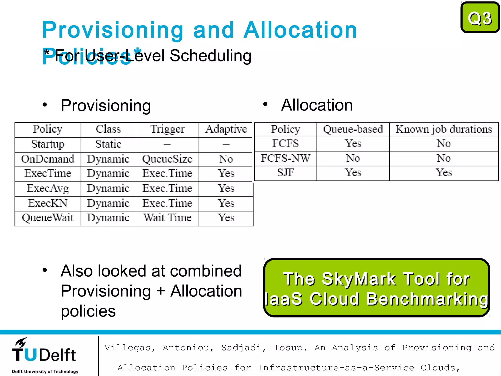 Q3
Provisioning and Allocation
Policies* Scheduling
* For User-Level

• Provisioning                     • Allocation




• Also looked at combined
                                     The SkyMark Tool for
  Provisioning + Allocation        IaaS Cloud Benchmarking
  policies
                          November 12, 2012
        Villegas, Antoniou, Sadjadi, Iosup. An Analysis of Provisioning and
                                                                         70

          Allocation Policies for Infrastructure-as-a-Service Clouds,
 