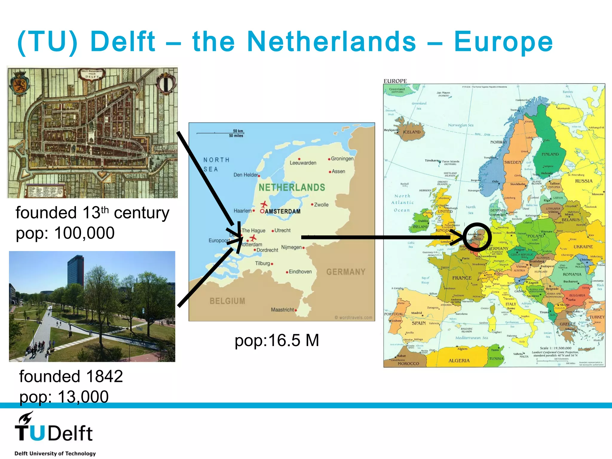 (TU) Delft – the Netherlands – Europe




founded 13th century
pop: 100,000




 pop.: 100,000         pop:16.5 M

founded 1842
pop: 13,000
 