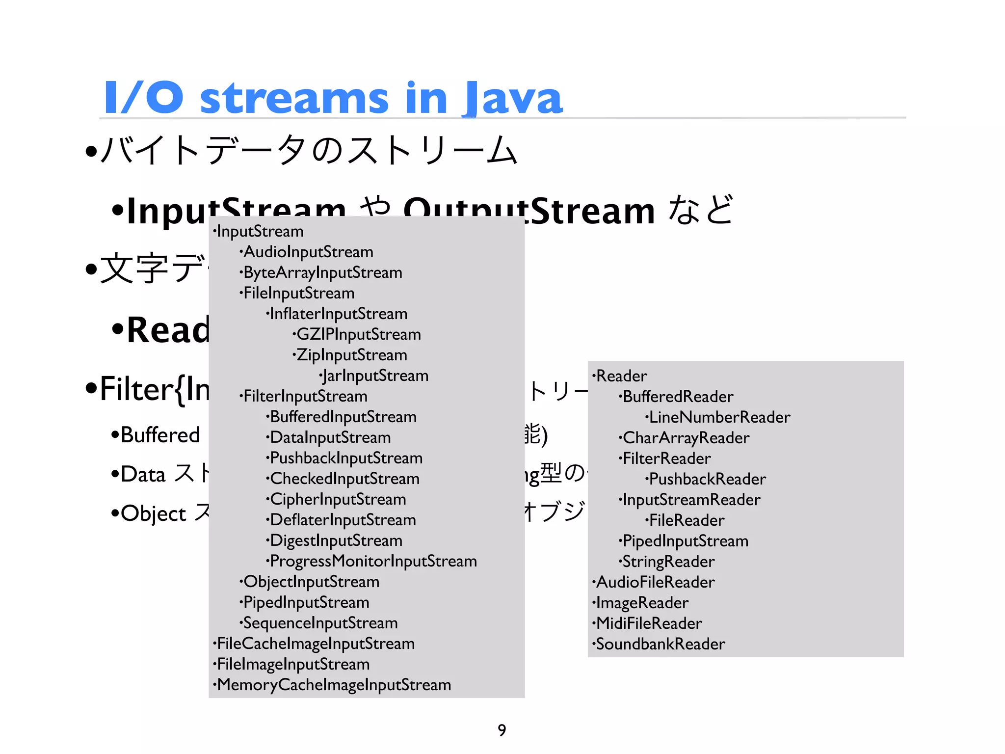 I/O streams in Java
•バイトデータのストリーム
  •InputStream や OutputStream など
        •InputStream
           •AudioInputStream

•文字データのストリーム
           •ByteArrayInputStream
           •FileInputStream
               •InﬂaterInputStream

  •Reader や Writer など
                  •GZIPInputStream
                  •ZipInputStream


•Filter{In,Out}putStream (他のストリームに機能を追加する)
                       •JarInputStream           •Reader
           •FilterInputStream                       •BufferedReader
               •BufferedInputStream                     •LineNumberReader
 •Buffered ストリーム(バッファリング機能)
             •DataInputStream     •CharArrayReader
             •PushbackInputStream •FilterReader
 •Data ストリーム(プリミティブ型やString型の値の入出力に使われる)
             •CheckedInputStream       •PushbackReader
             •CipherInputStream   •InputStreamReader
 •Object ストリーム(シリアライズの際, オブジェクトの入出力に使われる)
             •DeﬂaterInputStream       •FileReader
               •DigestInputStream                   •PipedInputStream
               •ProgressMonitorInputStream          •StringReader
           •ObjectInputStream                    •AudioFileReader
           •PipedInputStream                     •ImageReader
           •SequenceInputStream                  •MidiFileReader
        •FileCacheImageInputStream               •SoundbankReader
        •FileImageInputStream
        •MemoryCacheImageInputStream


                                             9
 