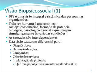Visão Biopsicossocial (1)
 BPS é uma visão integral e sistêmica das pessoas nas
  organizações;
 Todo ser humano é um complexo
  sociopsicossomático, formado de potencial
  biológico, psicológico e social e que reagem
  simultaneamente às variadas condições;
 As camadas são interdependentes;
 Esta visão causa um diferencial para:
     Diagnósticos;
     Definição de ações;
     Campanhas;
     Criação de serviços;
     Implantação de projetos;
       Que tem por objetivo aumentar o valor dos RH’s;

                                                          14
 