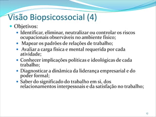 Visão Biopsicossocial (4)
 Objetivos:
   Identificar, eliminar, neutralizar ou controlar os riscos
    ocupacionais observáveis no ambiente físico;
   Mapear os padrões de relações de trabalho;
   Avaliar a carga física e mental requerida por cada
    atividade;
   Conhecer implicações políticas e ideológicas de cada
    trabalho;
   Diagnosticar a dinâmica da liderança empresarial e do
    poder formal;
   Saber do significado do trabalho em si, dos
    relacionamentos interpessoais e da satisfação no trabalho;




                                                                 17
 