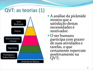 QVT: as teorias (1)
                                            A análise da pirâmide
              Auto
                                             mostra que a
            Realização                       satisfação destas
                                             necessidades é
             Estima                          motivador.
                                            O ser humano
   Relacionamento
       / Sociais
                                             participa com prazer
                                             de suas atividades e
     Segurança                               tarefas, o que
                                             certamente repercute
Fisiológicas /                               positivamente na
Sobrevivência
                                             QVT;
                      Pirâmide de Maslow

                                                                     18
 