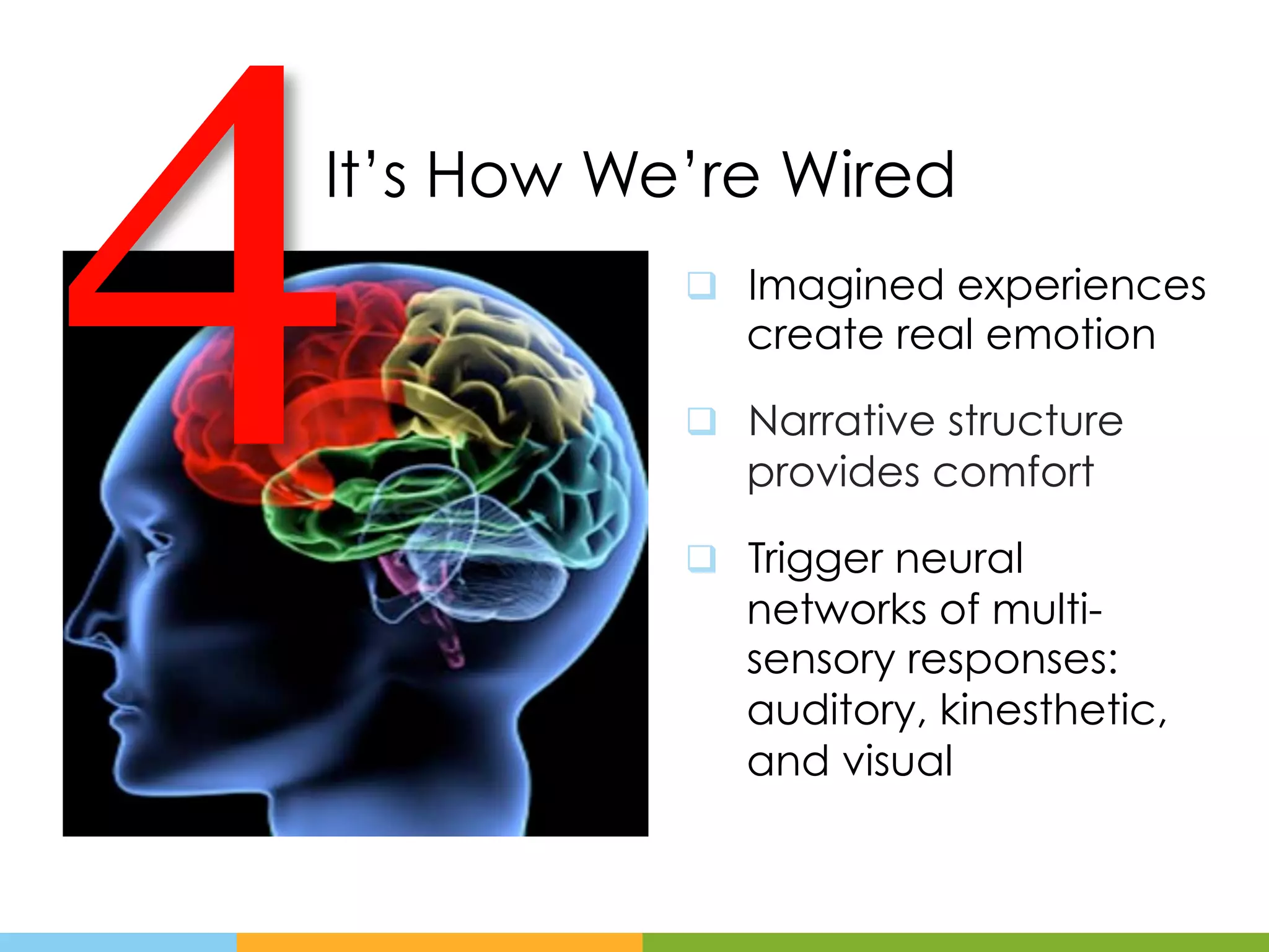 4
It’s How We’re Wired
           q  Imagined experiences
              create real emotion

           q  Narrative structure
              provides comfort

           q  Trigger neural
              networks of multi-
              sensory responses:
              auditory, kinesthetic,
              and visual
 