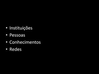 •   Instituições
•   Pessoas
•   Conhecimentos
•   Redes
 