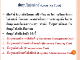 ต้นทุนโลจิสติกส์ (L   OGISTICS   COST)


• เป็ นตัวชี้วดประสิ ทธิภาพการใช้ ทรัพยากร ในการบริหารจัดการ
              ั
   โลจิสติกส์ เพือตอบสนองคาสั่ งซื้อและการบริการลูกค้ า โดยวัด
                 ่
   ต้ นทุนของแต่ ละกระบวนการ รวมกับ ต้ นทุนการจัดการ เป็ น
   ต้ นทุนโลจิสติกส์ โดยรวม
• ต้ นทุนโลจิสติกส์ หลัก มีดงนี้
                             ั
1. ต้ นทุนการบริหารคลังสิ นค้ า ( Warehouse Management Cost)
2. ต้ นทุนการเก็บรักษาสิ นค้ าคงคลัง (Inventory Carrying Cost)
3. ต้ นทุนค่ าขนส่ ง (Transportation Cost)
4. ต้ นทุนการจัดการโลจิสติกส์ (Logistics Administration Cost)19
 
