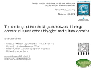 Session “Cultural transmission studies: tree and network
                                               models of micro- and macro-evolution”

                                                            At the 111th AAA meeting

                                                                November 15th, 2012




The challenge of tree-thinking and network-thinking:
conceptual issues across biological and cultural domains

Emanuele Serrelli

•   “Riccardo Massa” Department of Human Sciences
    University of Milano Bicocca, ITALY
•   Lisbon Applied Evolutionary Epistemology Lab
    Universidade de Lisboa

emanuele.serrelli@unimib.it
http://www.epistemologia.eu



                                                                                         1
 
