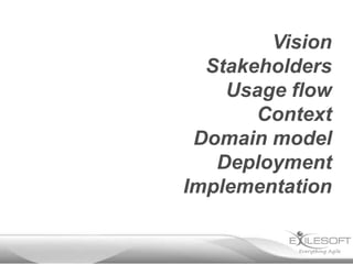 Vision
  Stakeholders
    Usage flow
       Context
 Domain model
   Deployment
Implementation
 