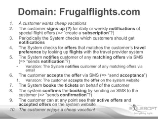 Domain: Frugalflights.com
1.       A customer wants cheap vacations
2.       The customer signs up (?) for daily or weekly notifications of
         special flight offers (=> “create a subscription”?)
3.       Periodically the System checks which customers should get
         notifications
4.       The System checks for offers that matches the customer’s travel
         preference by looking up flights with the travel provider system
5.       The System notifies customer of any matching offers via SMS
         (=> “sends notification”?)
     •      Variation: The System notifies customer of any matching offers via
            email
6.       The customer accepts the offer via SMS (=> “send acceptance”)
     1.     Variation: The customer accepts the offer on the system website
7.  The System books the tickets on behalf of the customer
8.  The system confirms the booking by sending an SMS to the
    customer (=> “sends confirmation”?)
9. The customer can at any point see their active offers and
    accepted offers on the system website
10. The customer enjoys a cheap vacation!
 