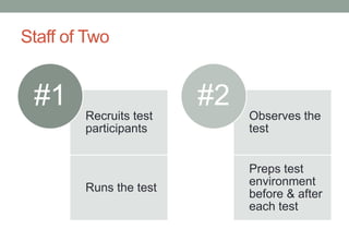 Staff of Two


 #1                     #2
        Recruits test        Observes the
        participants         test


                             Preps test
                             environment
        Runs the test
                             before & after
                             each test
 