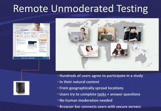 Remote Unmoderated Testing



 Find the umbrella.




                      • Hundreds of users agree to participate in a study
                      • In their natural context
                      • From geographically spread locations
                      • Users try to complete tasks + answer questions
                      • No human moderation needed
                      • Browser bar connects users with secure servers
 