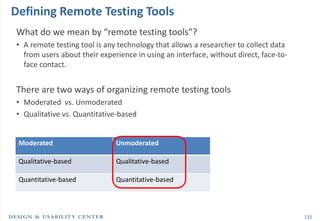 Defining Remote Testing Tools
What do we mean by “remote testing tools”?
• A remote testing tool is any technology that allows a researcher to collect data
  from users about their experience in using an interface, without direct, face-to-
  face contact.


There are two ways of organizing remote testing tools
• Moderated vs. Unmoderated
• Qualitative vs. Quantitative-based


 Moderated                    Unmoderated

 Qualitative-based            Qualitative-based

 Quantitative-based           Quantitative-based



                                                                                      133
 