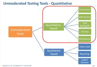 Unmoderated Testing Tools - Quantitative
                                           Full-service


                                           Self-service

                                              Card
                        Quantitative-       Sorting/IA
                           based
    Unmoderated                              Surveys
       tools
                                           Click/Mouse


                                           Video tools
                         Qualitative-
                           based            Reporting

                                             Expert
                                            Reviews
                                                          140
 