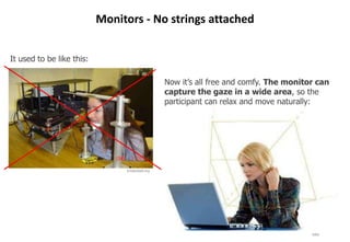 Monitors - No strings attached


It used to be like this:

                                                  Now it‟s all free and comfy. The monitor can
                                                  capture the gaze in a wide area, so the
                                                  participant can relax and move naturally:




                                kristenbell.org




                                                                         223
                                                                                         tobii
 
