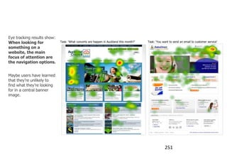 Main focus: Navigation options

Eye tracking results show:
When looking for             Task: „What concerts are happen in Auckland this month?‟   Task: „You want to send an email to customer service‟

something on a
website, the main
focus of attention are
the navigation options.


Maybe users have learned
that they‟re unlikely to
find what they‟re looking
for in a central banner
image.




                                                                                                    251
 