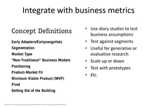 Integrate with business metrics
                                                                                             • Use diary studies to test
                                                                                               business assumptions
                                                                                             • Test against segments
                                                                                             • Useful for generative or
                                                                                               evaluative research
                                                                                             • Scale up or down
                                                                                             • Test with prototypes
                                                                                             • Etc.




Taken from “Enterprise guide to customer development” by Brant Cooper & Patrick Vlaskovits
 