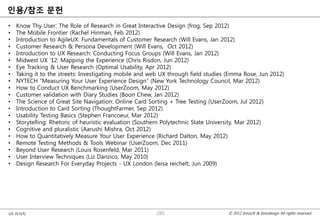 인용/참조 문헌
•   Know Thy User: The Role of Research in Great Interactive Design (frog, Sep 2012)
•   The Mobile Frontier (Rachel Hinman, Feb 2012)
•   Introduction to AgileUX: Fundamentals of Customer Research (Will Evans, Jan 2012)
•   Customer Research & Persona Development (Will Evans, Oct 2012)
•   Introduction to UX Research: Conducting Focus Groups (Will Evans, Jan 2012)
•   Midwest UX '12: Mapping the Experience (Chris Risdon, Jun 2012)
•   Eye Tracking & User Research (Optimal Usability, Apr 2012)
•   Taking it to the streets: Investigating mobile and web UX through field studies (Emma Rose, Jun 2012)
•   NYTECH "Measuring Your User Experience Design“ (New York Technology Council, Mar 2012)
•   How to Conduct UX Benchmarking (UserZoom, May 2012)
•   Customer validation with Diary Studies (Boon Chew, Jan 2012)
•   The Science of Great Site Navigation: Online Card Sorting + Tree Testing (UserZoom, Jul 2012)
•   Introduction to Card Sorting (ThoughtFarmer, Sep 2012)
•   Usability Testing Basics (Stephen Francoeur, Mar 2012)
•   Storytelling: Rhetoric of heuristic evaluation (Southern Polytechnic State University, Mar 2012)
•   Cognitive and pluralistic (Aarushi Mishra, Oct 2012)
•   How to Quantitatively Measure Your User Experience (Richard Dalton, May 2012)
•   Remote Testing Methods & Tools Webinar (UserZoom, Dec 2011)
•   Beyond User Research (Louis Rosenfeld, Mar 2011)
•   User Interview Techniques (Liz Danzico, May 2010)
•   Design Research For Everyday Projects - UX London (leisa reichelt, Jun 2009)




UX 리서치                                                  280                         © 2012 InnoUX & Innodesign All rights reserved.
 