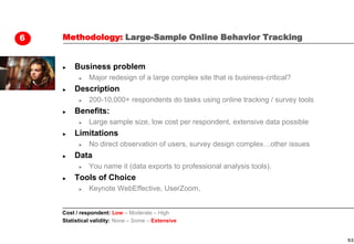 6   Methodology: Large-Sample Online Behavior Tracking


    ►   Business problem
          ►   Major redesign of a large complex site that is business-critical?
    ►   Description
          ►   200-10,000+ respondents do tasks using online tracking / survey tools
    ►   Benefits:
          ►   Large sample size, low cost per respondent, extensive data possible
    ►   Limitations
          ►   No direct observation of users, survey design complex…other issues
    ►   Data
          ►   You name it (data exports to professional analysis tools).
    ►   Tools of Choice
          ►   Keynote WebEffective, UserZoom,


    Cost / respondent: Low – Moderate – High
    Statistical validity: None – Some – Extensive


                                                                                      53
 