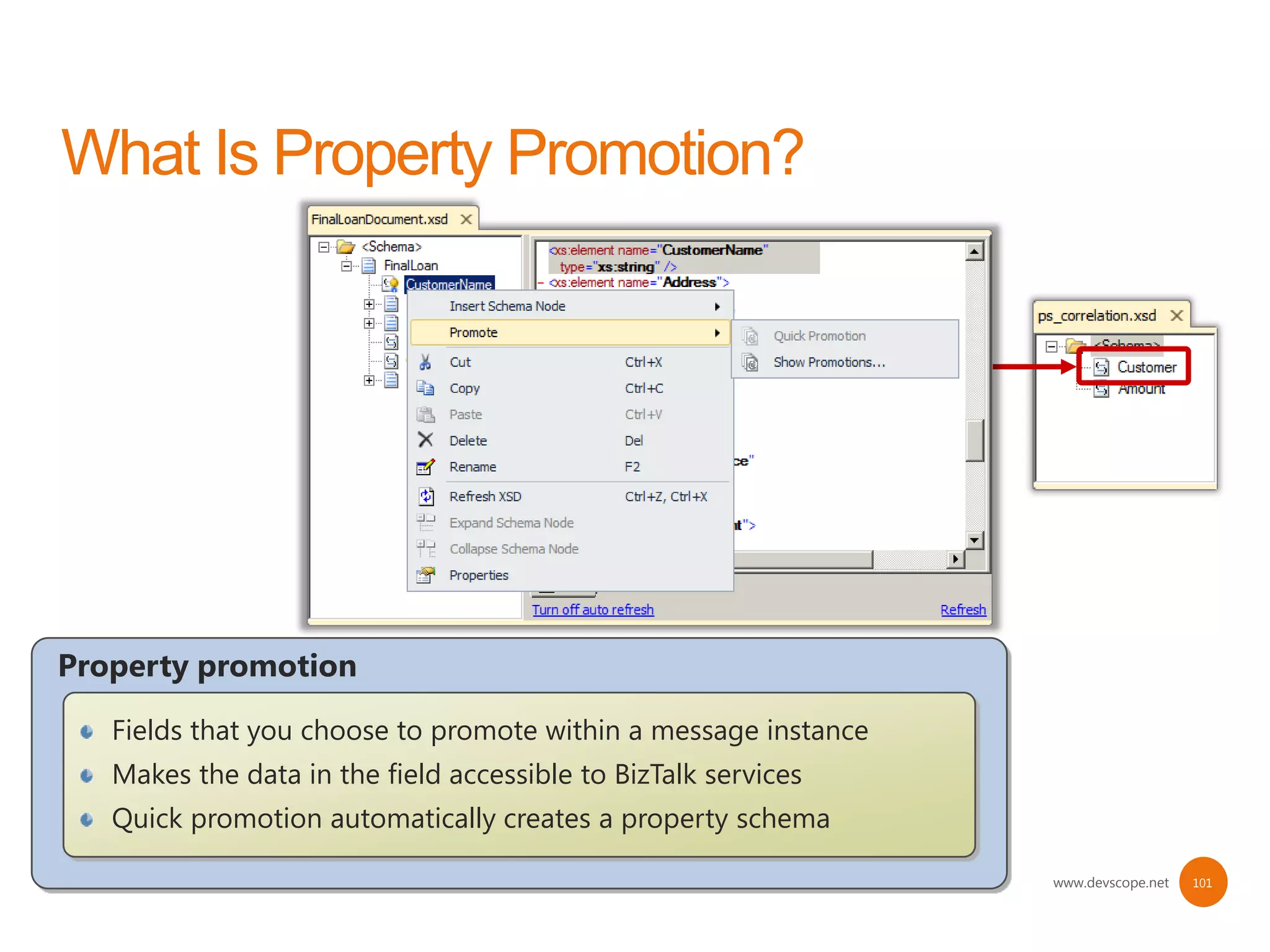 Property promotion
   Fields that you choose to promote within a message instance
   Makes the data in the field accessible to BizTalk services
   Quick promotion automatically creates a property schema

                                                                 www.devscope.net   101
 
