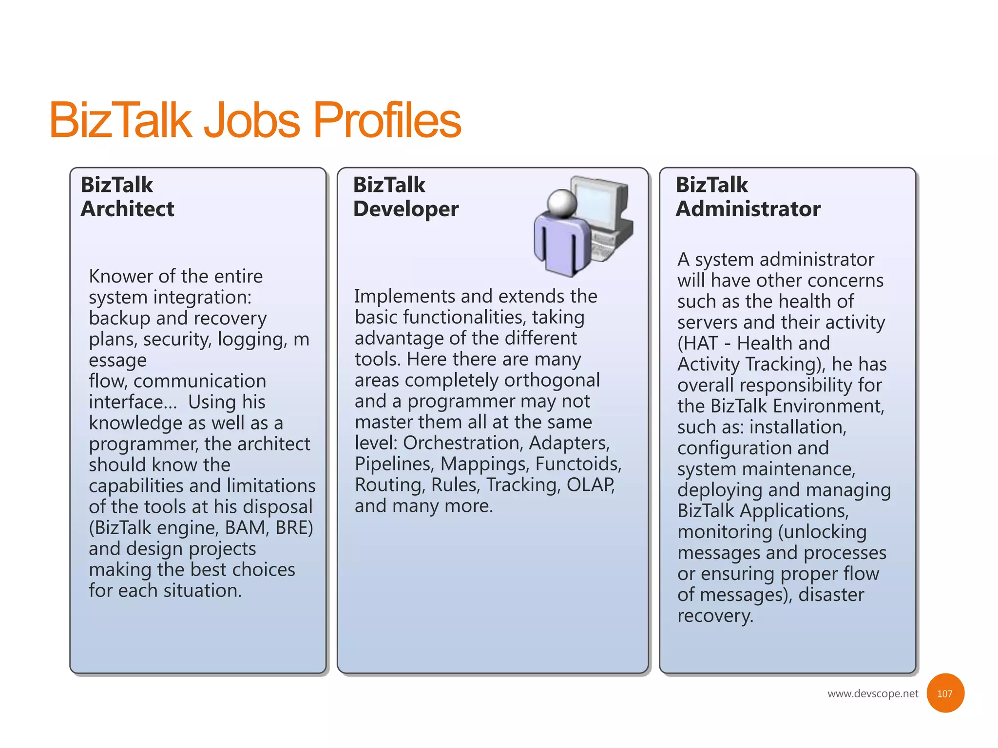 BizTalk                        BizTalk                           BizTalk
Architect                      Developer                         Administrator

                                                                 A system administrator
Knower of the entire                                             will have other concerns
system integration:            Implements and extends the        such as the health of
backup and recovery            basic functionalities, taking     servers and their activity
plans, security, logging, m    advantage of the different        (HAT - Health and
essage                         tools. Here there are many        Activity Tracking), he has
flow, communication            areas completely orthogonal       overall responsibility for
interface… Using his           and a programmer may not          the BizTalk Environment,
knowledge as well as a         master them all at the same       such as: installation,
programmer, the architect      level: Orchestration, Adapters,   configuration and
should know the                Pipelines, Mappings, Functoids,   system maintenance,
capabilities and limitations   Routing, Rules, Tracking, OLAP,   deploying and managing
of the tools at his disposal   and many more.                    BizTalk Applications,
(BizTalk engine, BAM, BRE)                                       monitoring (unlocking
and design projects                                              messages and processes
making the best choices                                          or ensuring proper flow
for each situation.                                              of messages), disaster
                                                                 recovery.


                                                                                   www.devscope.net   107
 
