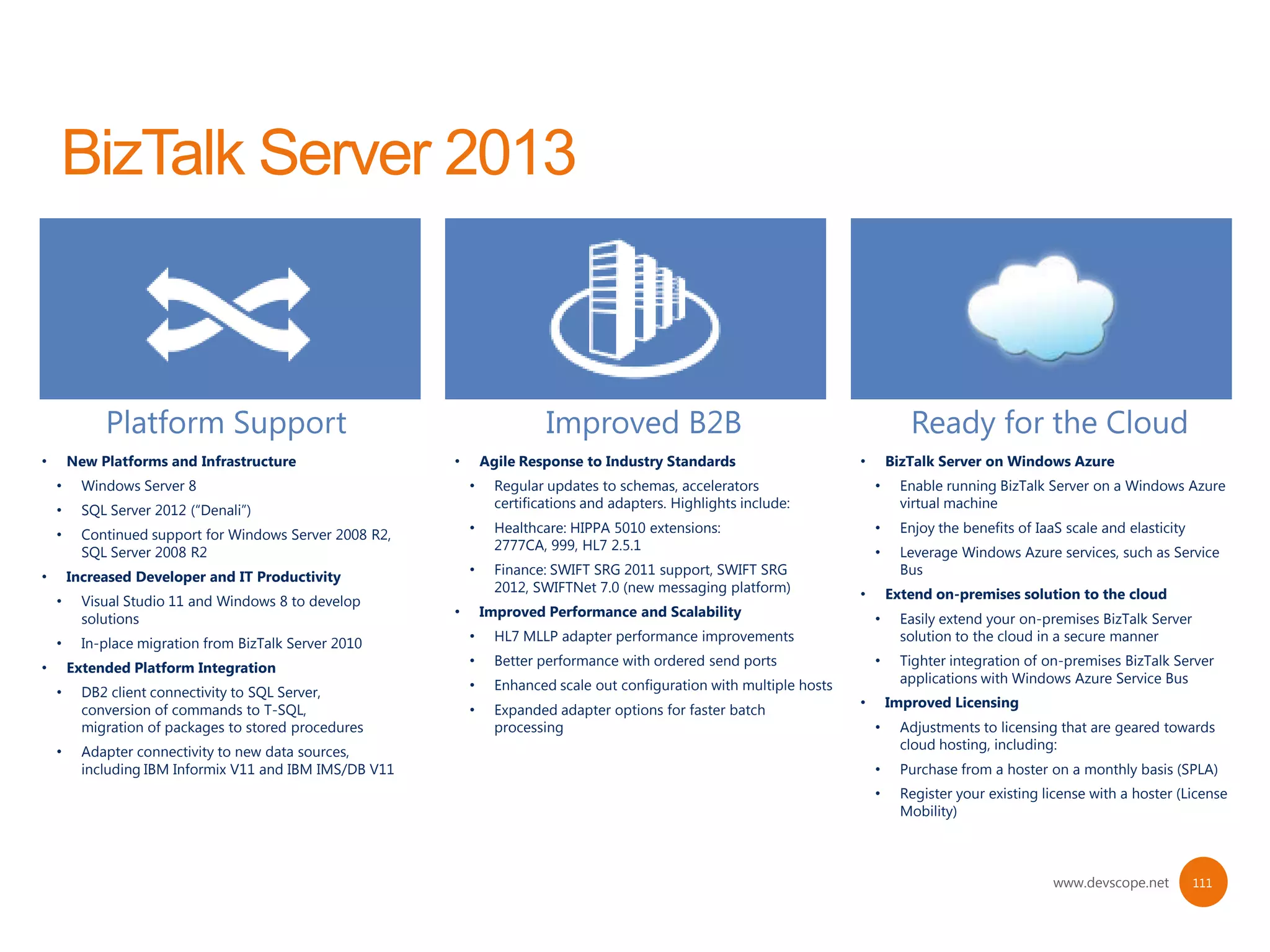 •       New Platforms and Infrastructure                  •       Agile Response to Industry Standards                     •       BizTalk Server on Windows Azure
    •     Windows Server 8                                    •     Regular updates to schemas, accelerators                   •     Enable running BizTalk Server on a Windows Azure
    •     SQL Server 2012 (“Denali”)                                certifications and adapters. Highlights include:                 virtual machine

    •     Continued support for Windows Server 2008 R2,       •     Healthcare: HIPPA 5010 extensions:                         •     Enjoy the benefits of IaaS scale and elasticity
          SQL Server 2008 R2                                        2777CA, 999, HL7 2.5.1                                     •     Leverage Windows Azure services, such as Service
•       Increased Developer and IT Productivity               •     Finance: SWIFT SRG 2011 support, SWIFT SRG                       Bus
                                                                    2012, SWIFTNet 7.0 (new messaging platform)            •       Extend on-premises solution to the cloud
    •     Visual Studio 11 and Windows 8 to develop
          solutions                                       •       Improved Performance and Scalability                         •     Easily extend your on-premises BizTalk Server
    •     In-place migration from BizTalk Server 2010         •     HL7 MLLP adapter performance improvements                        solution to the cloud in a secure manner

•       Extended Platform Integration                         •     Better performance with ordered send ports                 •     Tighter integration of on-premises BizTalk Server
                                                              •     Enhanced scale out configuration with multiple hosts             applications with Windows Azure Service Bus
    •     DB2 client connectivity to SQL Server,
          conversion of commands to T-SQL,                    •     Expanded adapter options for faster batch              •       Improved Licensing
          migration of packages to stored procedures                processing                                                 •     Adjustments to licensing that are geared towards
    •     Adapter connectivity to new data sources,                                                                                  cloud hosting, including:
          including IBM Informix V11 and IBM IMS/DB V11                                                                        •     Purchase from a hoster on a monthly basis (SPLA)
                                                                                                                               •     Register your existing license with a hoster (License
                                                                                                                                     Mobility)



                                                                                                                                                              www.devscope.net         111
 