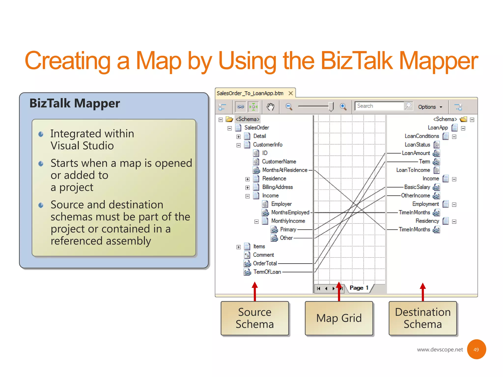 BizTalk Mapper

   Integrated within
   Visual Studio
   Starts when a map is opened
   or added to
   a project
   Source and destination
   schemas must be part of the
   project or contained in a
   referenced assembly




                                 Source              Destination
                                          Map Grid
                                 Schema               Schema

                                                         www.devscope.net   49
 