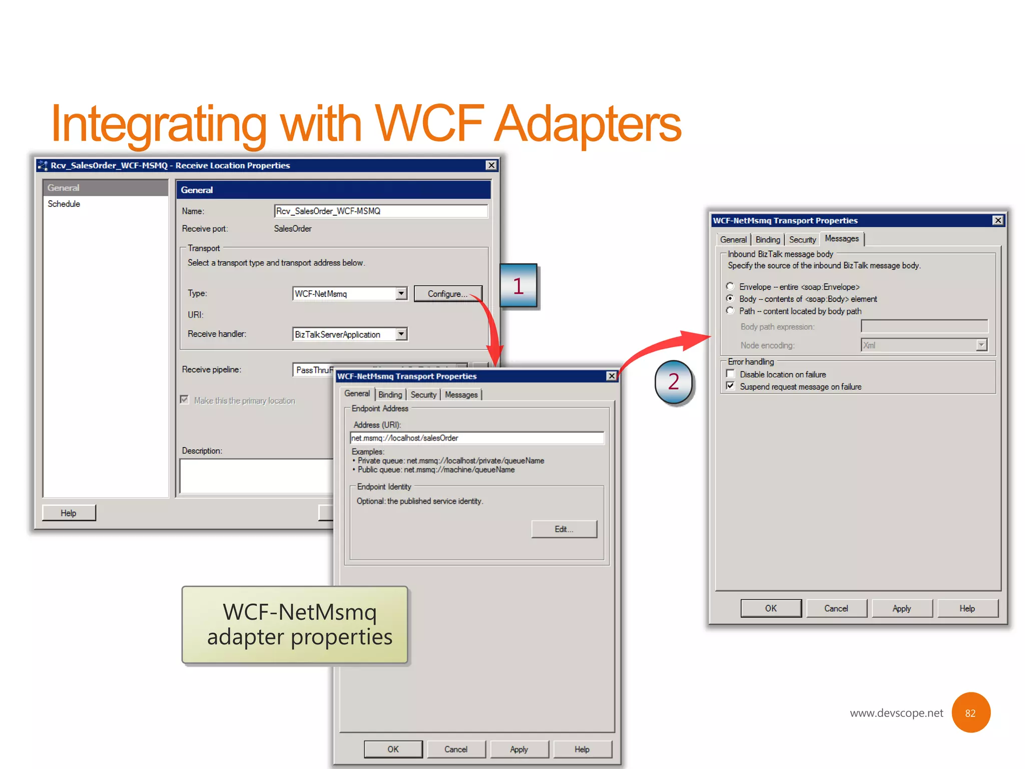 1



                         2




 WCF-NetMsmq
adapter properties


                             www.devscope.net   82
 